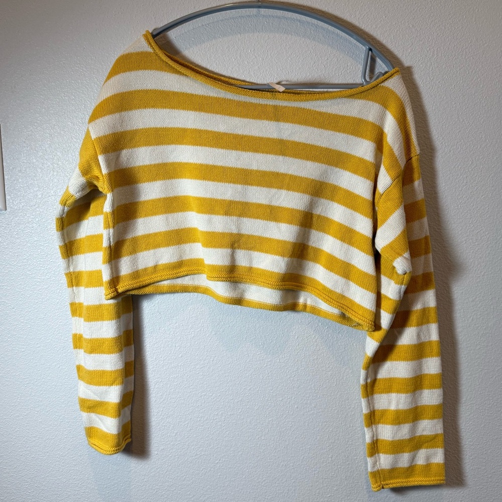 Free People Yellow and White Striped Cropped Sweater